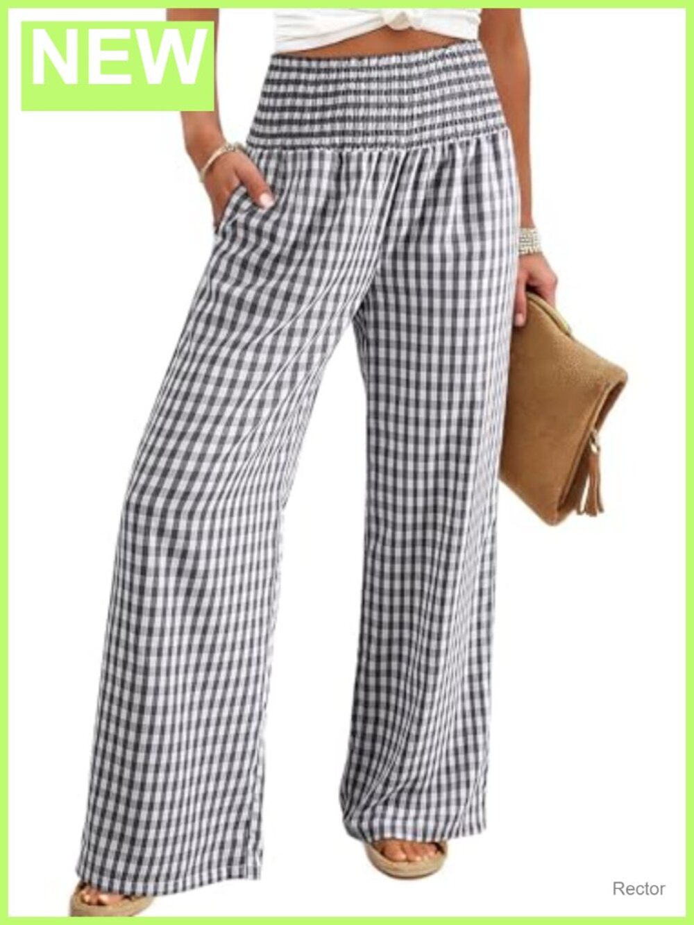 Wide Leg Gingham Palazzo Pants Smocked High Waist Casual